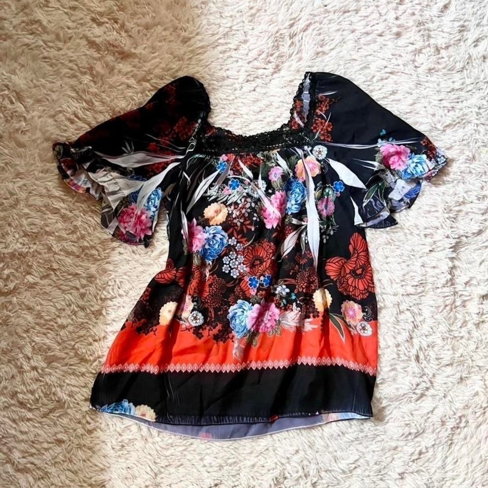 Floral Whimsical Cottage Core Ruffle Sleeve Top Womens M Grunge Gothic Punk Alt